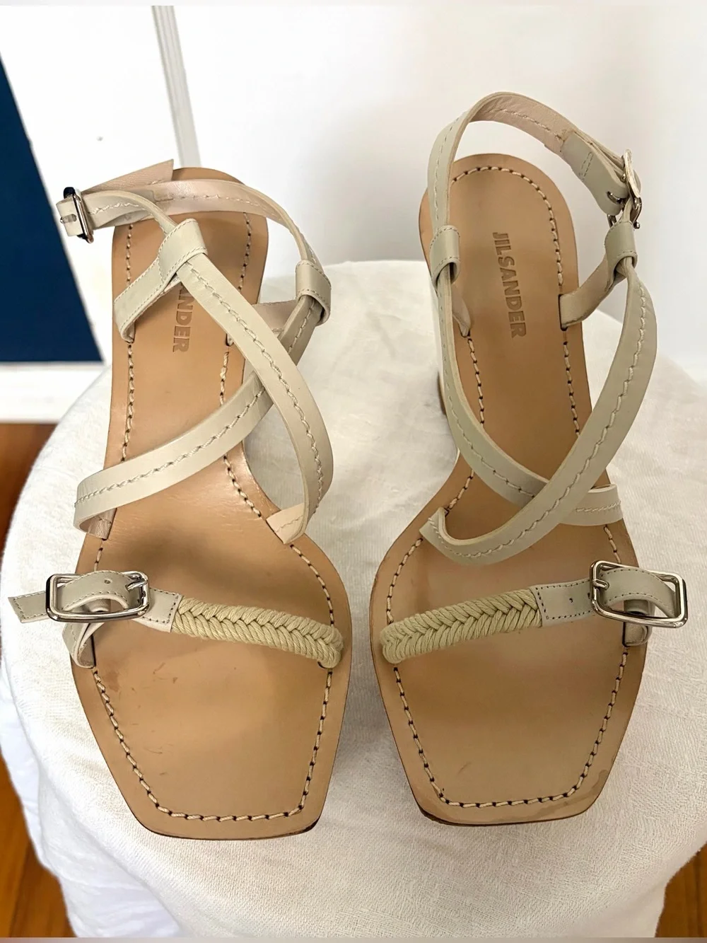 Jil Sander Strappy Leather and Rope Wedge Sandals, beige w/silver, 38, GUC